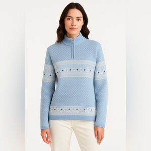 Burla Women’s Nordic 1/4 Zip Sweater Wool Blend Snowflake  Blue Cream Size Small